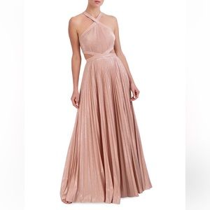 BCBGMAXAZRIA Pleated Metallic Pink Halter Gown - Size 10